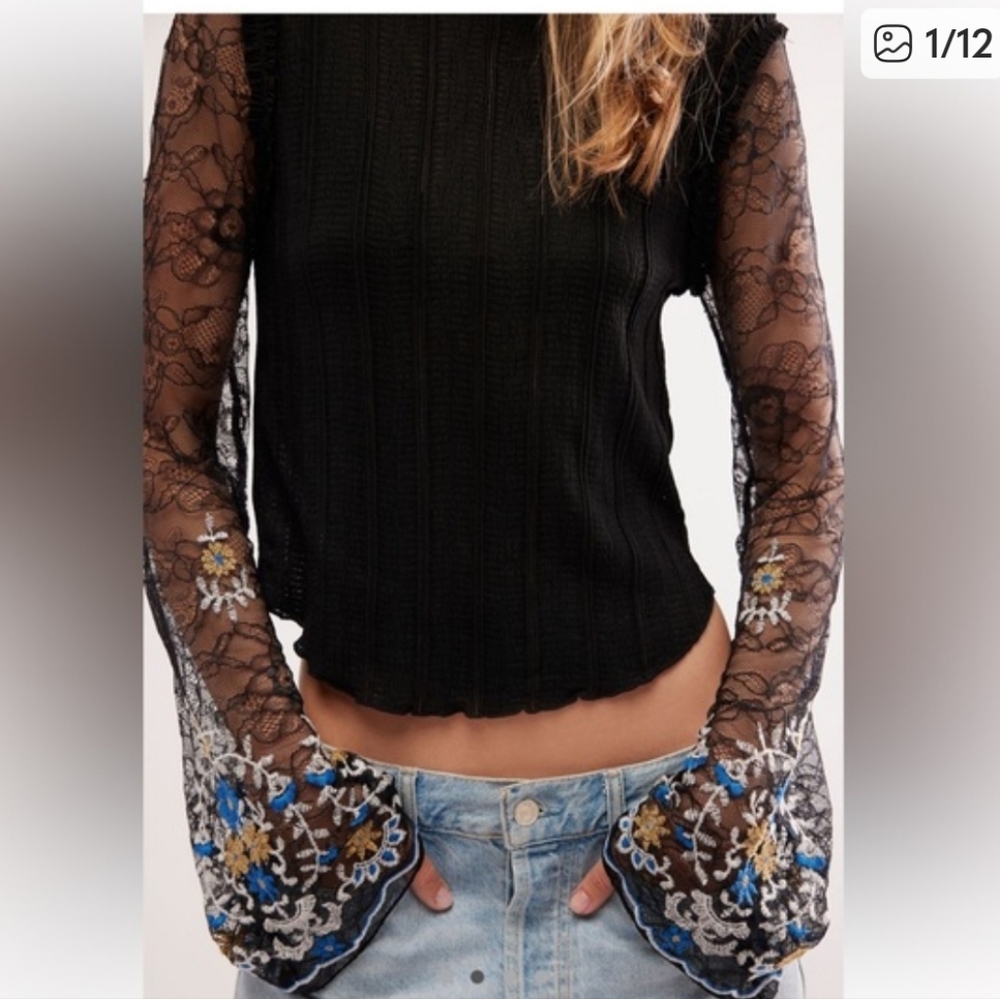 Free People Black Lace Combo Top with Embroidered Cuffs